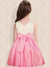 Elegant A-Line Scoop Mini-length Bowknot White and Pink Flower Girl Dress