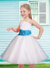 Elegant A-Line Spaghetti Straps Tea-length Bowknot White Flower Girl Dress