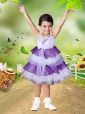 Elegant A-Line Straps Knee-length Bowknot Ruffled Layers Purple and White Little Girl Dress