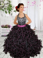 Elegant Halter Beading Black Little Gril Pageant Dresses for 2014
