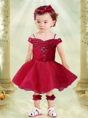 Elegant Wine Red A-Line Off the Shoulder Tea-length Little Girl Dress with Appliques and Beading
