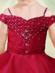 Elegant Wine Red A-Line Off the Shoulder Tea-length Little Girl Dress with Appliques and Beading