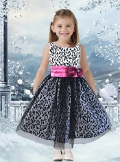 Exquisite A-Line Scoop Leopard Bowknot Black Little Girl Dress with Ankle-length