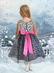 Exquisite A-Line Scoop Leopard Bowknot Black Little Girl Dress with Ankle-length