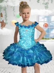 Exquisite Off the Shoulder Mini-length Blue Little Girl Dress with Beading