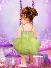 Exquisite Spaghetti Straps Appliques and Ruffles Tea-length Yellow Green Little Girl Dress