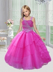 Exquisite Straps Beading Fuchsia Floor-length Little Gril Pageant Dress