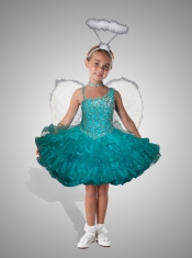 Exquisite Turquoise Asymmetrical Mini-length Beading and Ruffles Little Girl Dress for 2014