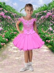 Fashionable A-Line Off Shoulder Mini-length Beading Aqua Blue Little Girl Dress