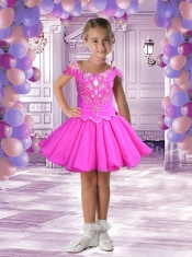 Fashionable A-Line Off Shoulder Mini-length Beading Aqua Blue Little Girl Dress