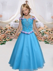 Fashionable A-Line Off the Shoulder Appliques Little Girl Pageant Dresses in Blue