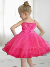 Fashionable A-Line Straps Knee-length Bowknot Hot Pink Flower Girl Dress