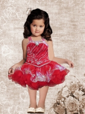 Fashionable A-Line Straps Tea-length Beading Sequins Red Little Girl Dress