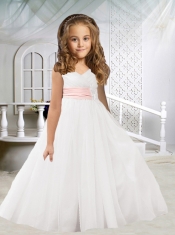Fashionable A-Line V-neck Ruching White Flower Girl Dress for 2014