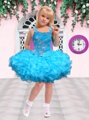 Fashionable Ball Gown Asymmetrical Mini-length Beading Blue Little Girl Dress