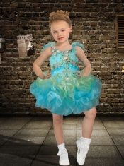 Fashionable Ball Gown Scoop Mini-length Beading Ruffles Blue Little Girl Dress