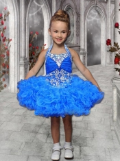 Fashionable Beading and Ruffles Halter 2014 Little Girl Dress in Royal Blue