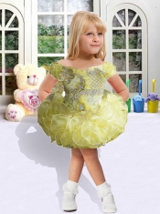 Fashionable Off the Shoulder Short Sleeves Little Girl Dress with Beading and Ruffles