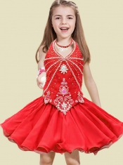 Fashionable Short Beading and Appliques Little Girl Dress with Halter