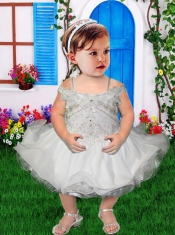 Fashionable Spaghetti Straps Tea-length Beading Bowknot White Little Girl Dress