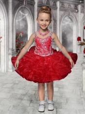 Fashionable Straps Beading and Ruffles Coral Red Little Girl Dress for 2014