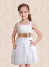 Formal A-Line Straps Flower Girl Dresses with Belt in White for 2014