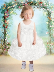 Formal Ball Gown Hand Made Flowers Tea-length Flower Girl Dress with Scoop