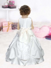 Formal Ball Gown Scoop Flower Girl Dress with Hand Made Flowers in White for 2014