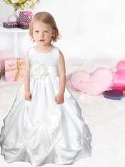 Formal Ball Gown Scoop Flower Girl Dress with Hand Made Flowers in White for 2014