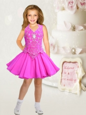Formal V-neck A-Line Aqua Blue Little Girl Dress with Beading