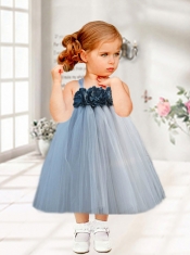 Gray Tulle A-Line Straps Tea-length Little Girl Dresses