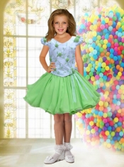 Green and White A-Line V-neck Short Sleeves Little Girl Dress with Beading