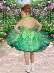 Green Ball Gown Halter Mini-length Little Girl Dress with Bowknot