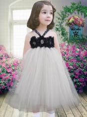 Halter Top A-Line Tea-length Little Girl Dresses in White and Black