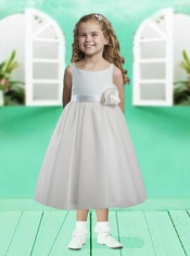 Hand Made Flowers Scoop Tea-length Satin Flower Girl Dress for 2014