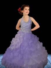 Hot Pink Halter Floor-length Little Gril Pageant Dress with Beading
