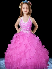 Hot Pink Halter Floor-length Little Gril Pageant Dress with Beading