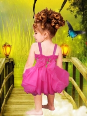 Hot Pink Tea-length Bateau Appliques and Bowknot Sweet Little Girl Dress