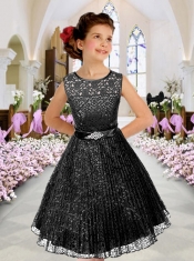 Lace and Beading A-Line Scoop Knee-length Flower Girl Dress in Black