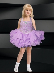 Lavender Ball Gown Halter Top Mini-length Little Girl Dress with Beading