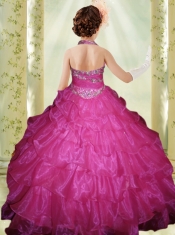 Light Blue Ball Gown Blue Halter Little Gril Pageant Dress with Beading