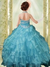Light Blue Ball Gown Blue Halter Little Gril Pageant Dress with Beading