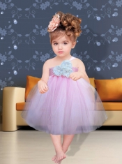 Lilac Hand Made Flowers One Shoulder Fashionable Little Girl Dress for 2014