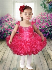 Lovely Hot Pink Square Mini-length Little Girl Dress with Beading