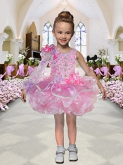 Luxurious Asymmetrical Mini-length Long Sleeve Beading Pink Little Girl Dresses