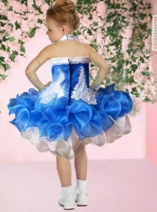 Luxurious Ball Gown Halter Mini-length Appliques Beading Blue Little Girl Dress