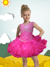 Luxurious Ball Gown Halter Mini-length Beading Hot Pink Little Girl Dress