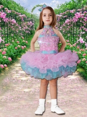 Luxurious Ball Gown High Neck Mini-length Beading Pink and Blue Little Girl Dress