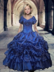 Luxurious Royal Blue V-neck Short Sleeves Beaded Decorate Little Girl Pageant Dress