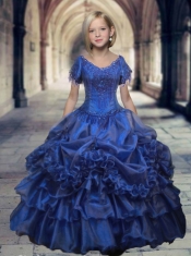Luxurious Royal Blue V-neck Short Sleeves Beaded Decorate Little Girl Pageant Dress